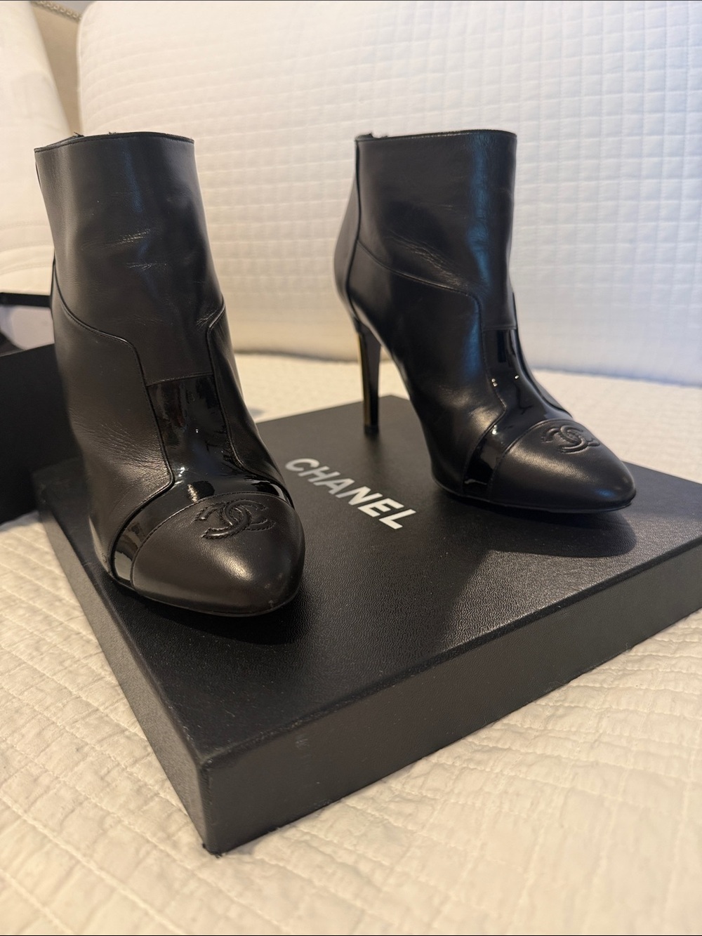 CHANEL Black Leather CC Cap-Toe Stiletto Ankle Boots